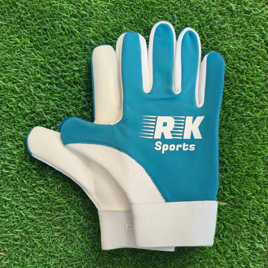 Blue and white RK sports gloves on a green grass background