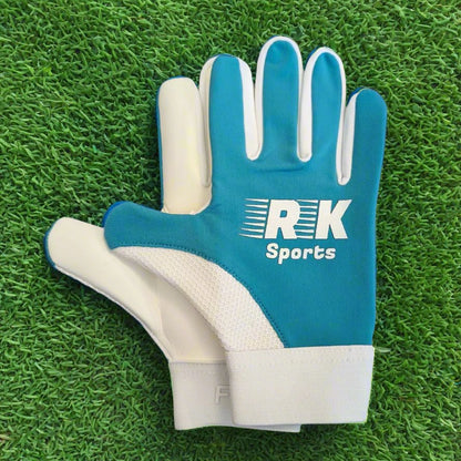 Blue and white RK sports gloves on a green grass background